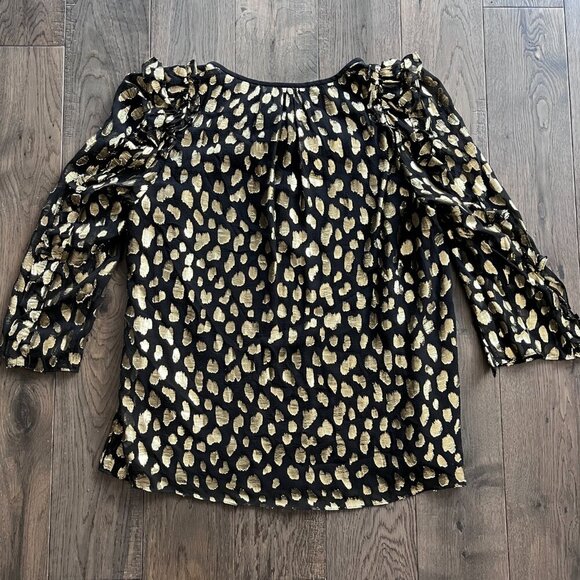 Rebecca Taylor Silk Ruffle Blouse Size 4 Black Gold Metallic Designer Top - Picture 4 of 7
